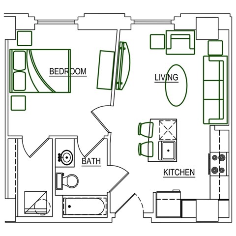 Floor plan for 1 bed, 1 bath, 510 sqft